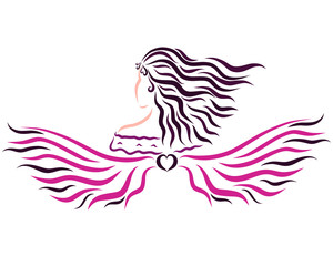 Lovely young woman with long hair and wings, romance