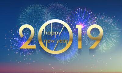Happy New Year of glitter gold fireworks. Vector golden glittering text and 2019 numbers with sparkle shine for holiday greeting card