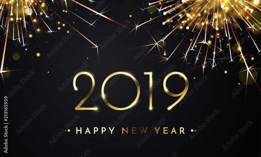 Poster happy new year of glitter gold fireworks. vector golden glittering text and 2019 numbers with sparkl