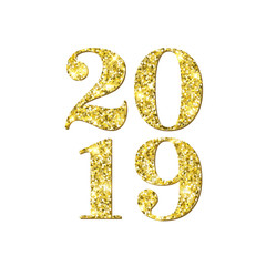 Happy New Year 2019 numbers of golden confetti on vector white background for Christmas greeting card