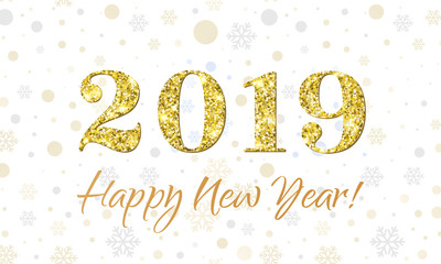 Happy New Year 2019 greeting card of vector glitter gold Christmas confetti on premium white background