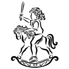 A little curly child with a sword on a rocking horse