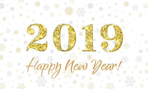 Happy New Year 2019 greeting card of vector glitter gold Christmas confetti on premium white background