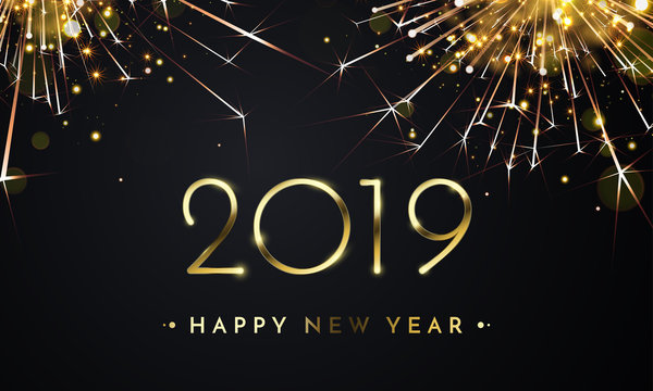 Happy New Year of glitter gold fireworks. Vector golden glittering text and 2019 numbers with sparkle shine for holiday greeting card