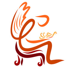 A winged man holding a bird in his arms, sitting on a chair