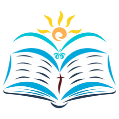 Open Bible, flying bird and shining sun