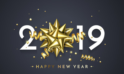 2019 Happy New Year greeting card of golden gift bow on present with sparkling glitter. Vector stars confetti for Christmas holiday celebration on premium white background