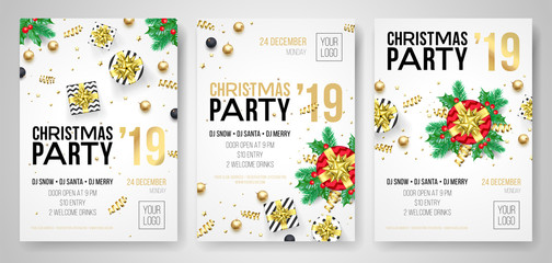 Christmas party invitation posters or flyers for 2019 New Year holiday celebration. Vector golden confetti glitter and present gifts on white background