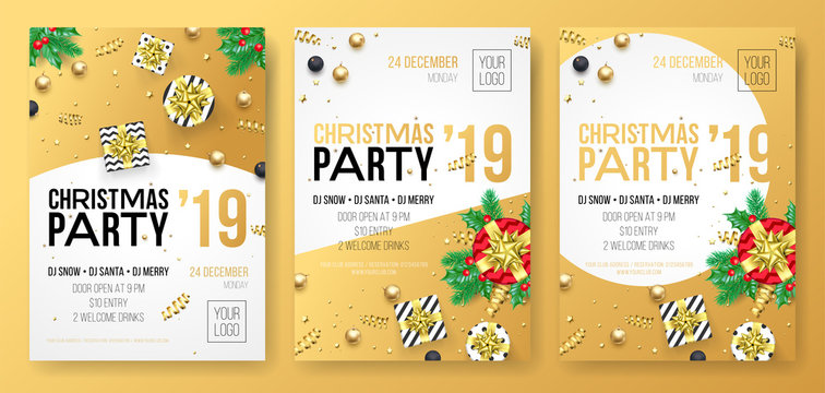 Christmas party invitation poster or card for 2019 Happy New Year holiday celebration. Vector design of golden confetti glitter and celebration gifts