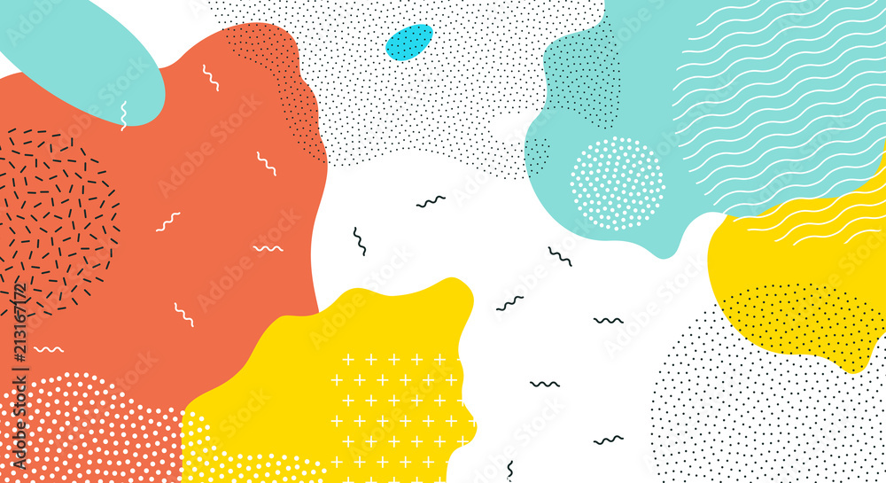 Poster Abstract pop art color paint splash pattern background. Vector overlay geometric design of trendy Memphis 80s-90s style