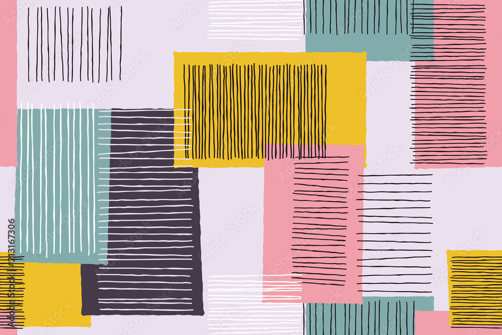 Aufkleber Abstract patchwork background of geometric line art pattern. Vector giclee doodle sketch patch work or artwork with square shapes on white background
