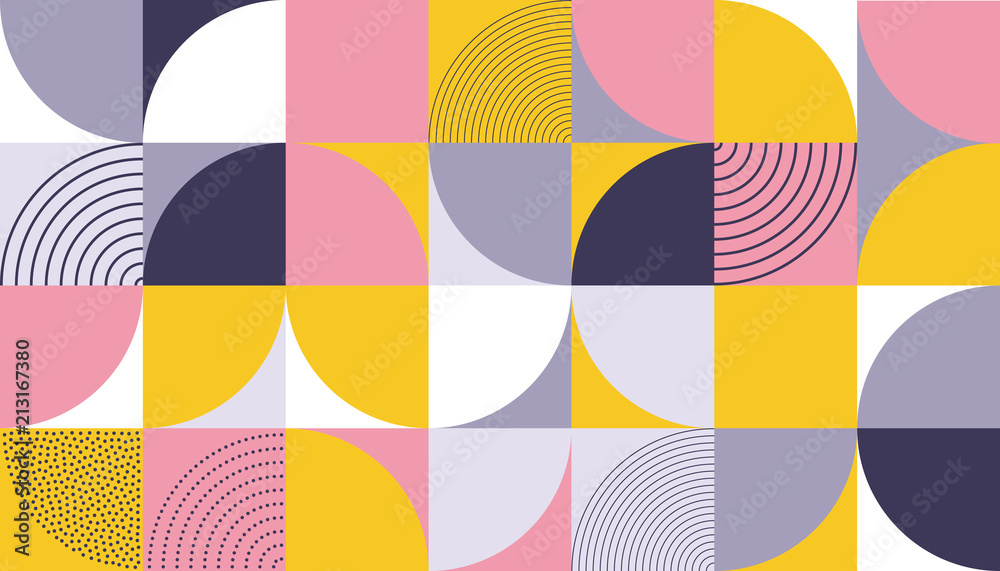 Aufkleber Geometric pattern design of Scandinavian abstract color background with Swiss geometry prints of vector rectangles, squares and circles pattern