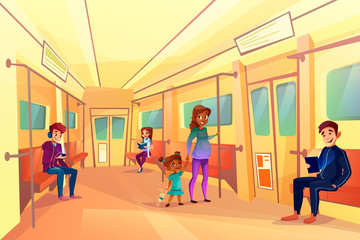 Fototapeta premium People in subway metro vector illustration. Pregnant black Afro American woman with daughter, teen boys listening music or watching video on tablet and girl reading book in train