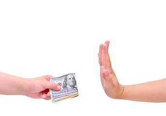Hand saying no to money on white background. Stop corruption concept