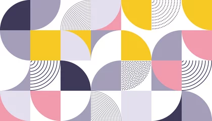 Behang Retro stijl Geometrische patroon vector achtergrond met Scandinavische abstracte kleur of Zwitserse geometrie prints van rechthoeken, vierkanten en cirkels vorm ontwerp