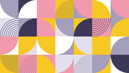 Conception de motifs géométriques de fond de couleur abstrait scandinave avec des impressions géométriques suisses de rectangles, de carrés et de cercles vectoriels