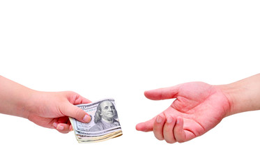 Hand receiving money, US dollars isolated on white background concept ,with clipping path