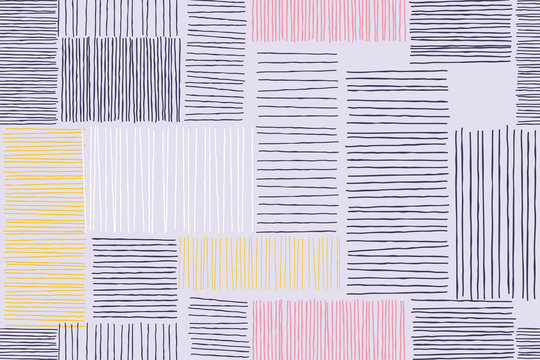 Abstract patchwork background of doodle line and strokes art pattern. Vector giclee sketch patch artwork with and square shapes pattern on white background