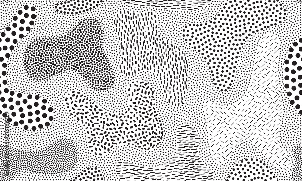 Wall mural pointillism art pattern vector background of seamless abstract dots and lines pattern shapes in liqu