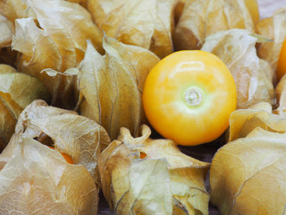Fresh cape goosebery, physalis, on wooden background
