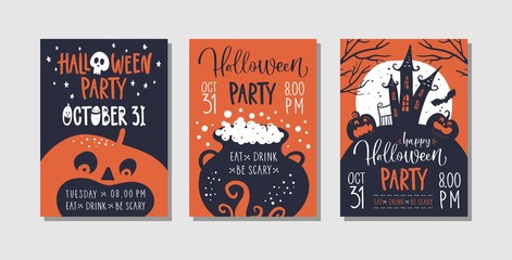 Vector set of Halloween party invitations or greeting cards with handwritten calligraphy and traditional symbols.