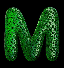 Letter M made of green plastic with abstract holes isolated on black background. 3d