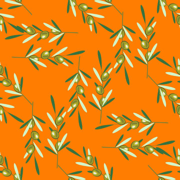 Branches of olive tree. Seamless pattern. Green olive fruit, leaves