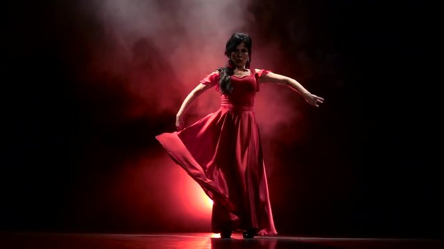 Dancer an incendiary dance of Argentine flamenco . Llight from behind. Smoke background. Slow motion