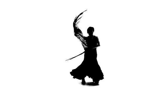 Girl is dancing with a manton . White background. Silhouette. Slow motion
