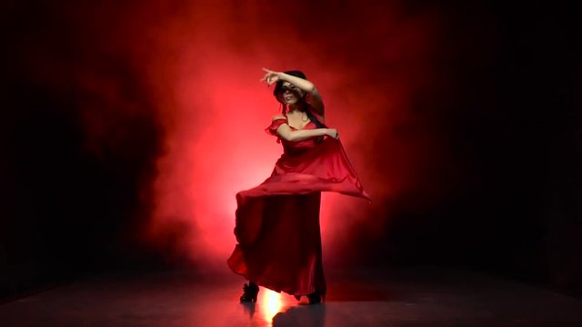 Dancer an incendiary dance of Argentine flamenco . Llight from behind. Smoke background. Slow motion