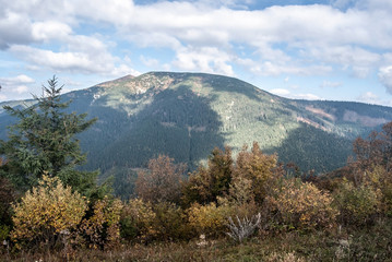 Prasiva and Velka Chochula hill on the background in autumn Nizke Tatry mountains in Slovakia
