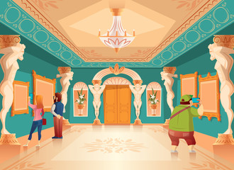 Vector cartoon museum exhibition with pictures and visitors in royal ballroom with atlas columns. Art gallery with sculptures, excursion. Ancient hall interior, exposition background
