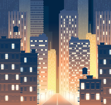 Vector illustration of avenue with modern buildings at night. Background of road with lamp posts with urban large buildings - skyscrapers. Townish street, municipal concept for banner, poster.