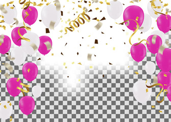 Vector party balloons illustration. Confetti and ribbons flag Celebration background template typography for greeting card, festive poster etc.