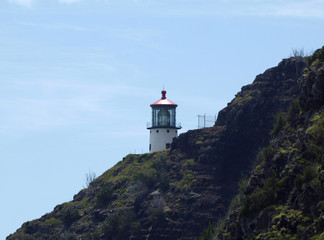 Fototapeta na wymiar Makap'uu Point Light (Makapu'u Lighthouse) on cliffside of the island of Oahu