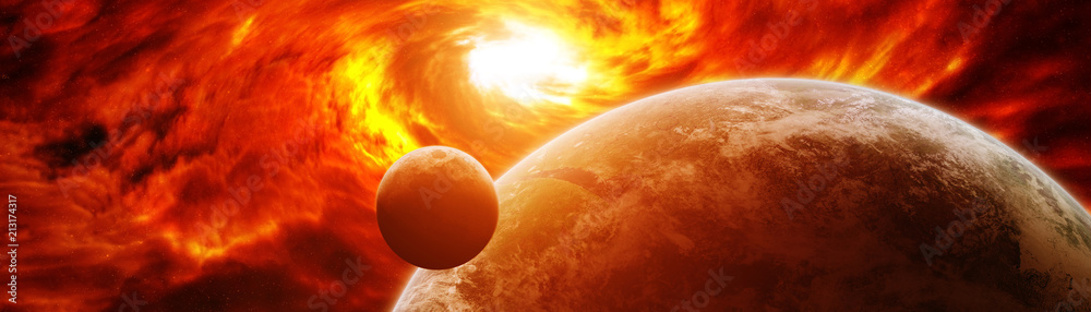 Wall mural exploding sun in space close to planet 3d rendering elements of this image furnished by nasa