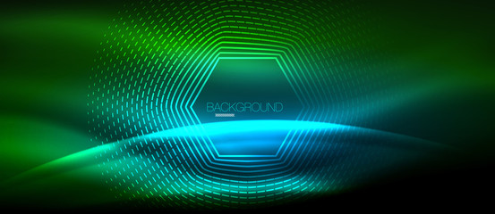 Neon glowing wave, magic energy and light motion background. Wallpaper template, hi-tech future concept