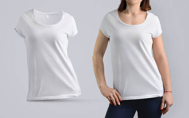 Template Set with slim female model in the white  t-shirt and shape of t-shirt without body
