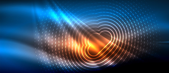 Obraz premium Neon glowing wave, magic energy and light motion background. Wallpaper template, hi-tech future concept