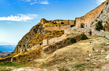 Fototapeta premium Acrocorinth, Upper Corinth, the acropolis of ancient Corinth, is a monolithic rock overseeing the ancient city of Corinth, Greece.