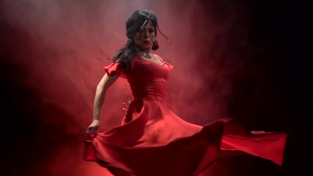 Dancer in a chic dress turns in an incendiary dance of Argentine flamenco . Llight from behind. Smoke background. Slow motion.