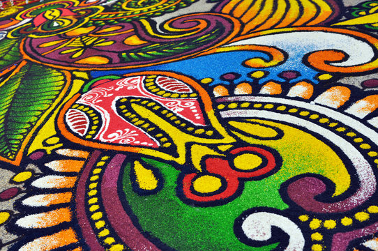 Colorful nicely decorated floor for deepavali festival, kolam - Powered by Adobe
