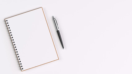 Blank white spiral notebook with automatic ballpoint pen on white table. Business, education or office mockup. 3D rendering illustration.