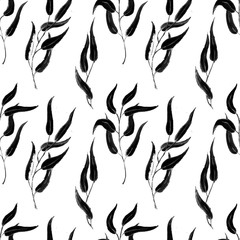 Seamless Realistic Watercolor Greenery Pattern. Summer, Spring Forest Herbs, Plants Texture. Foliage in Vintage Style. Nature Eco Friendly Concept. Textile, Fashion, Interior.