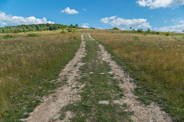 road through the field, overlooking the horizon on a background of blue cloudy sky