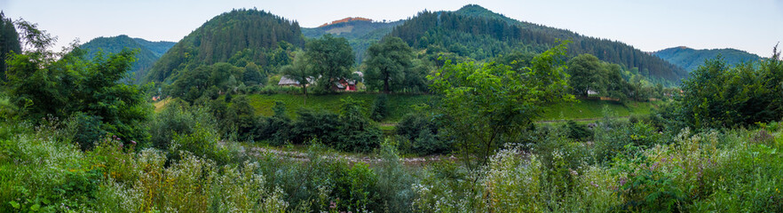 Fototapeta na wymiar A panorama of a mountain range overgrown with spruce forest and houses under the trees at the foot