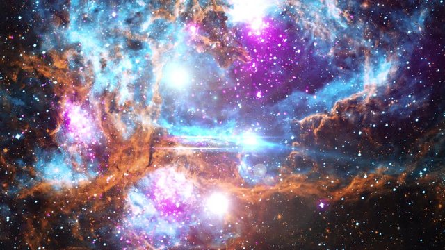 Space flight to purple nebula, 3D animation with moving stars rotating field and light flares cluster burst. Contains public domain image by NASA
