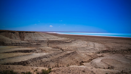 Panorama view to saline Barsa Kelmes lake and Ustyurt plateau in Karakalpakstan, Uzbekistan