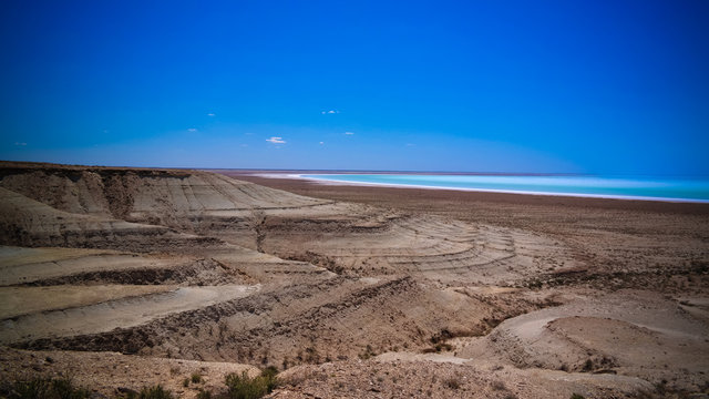 Panorama view to saline Barsa Kelmes lake and Ustyurt plateau in Karakalpakstan, Uzbekistan