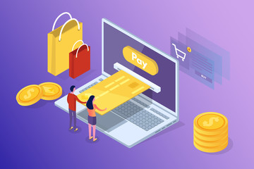 Online banking and Shoping, Mobile payments,  Transfer money isometric concept. Vector illustration.